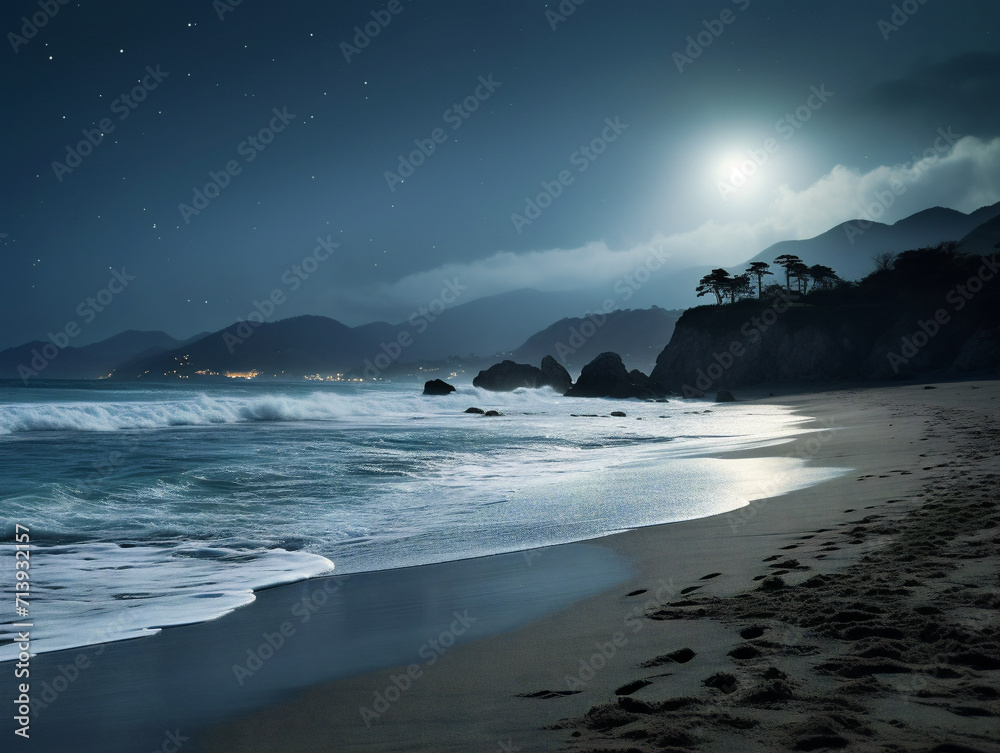 A serene beach at night with a luminous moon casting a tranquil glow on rolling waves.