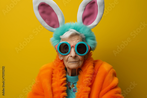 A spirited elderly lady wearing Easter bunny ears, oversized round glasses against a vibrant yellow backdrop.
