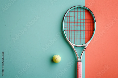 A portrayal of a tennis racket and ball arranged in a harmonious composition, both in pastel shades of mint and peach against a monochromatic backdrop, © Oleksandr