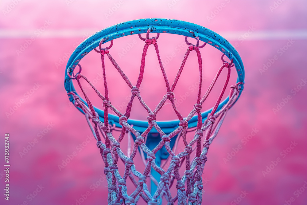 A minimalist portrayal of a basketball hoop with its net forming a pastel-colored pattern,
