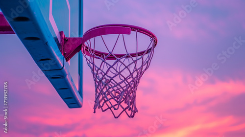 A depiction of a basketball and hoop silhouette in pastel violet against a serene sky blue background,