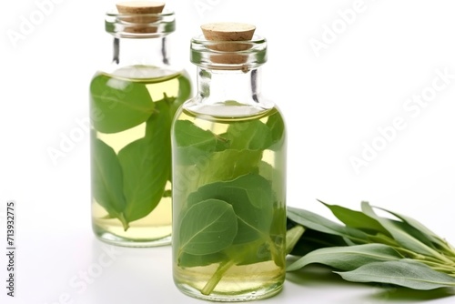 homemade sage infused oil in glass bottles green leave
