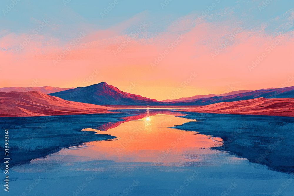 Fototapeta premium An illustration of a calm, pastel-colored landscape with a single line denoting a volcanic burst,