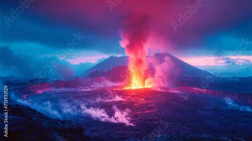 A depiction of a volcano silhouette in the moment of eruption, using only minimal pastel tones,