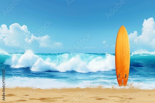 surfboard is bright yellow with a yellow edge and casts a shadow on the sandy beach © Supardi