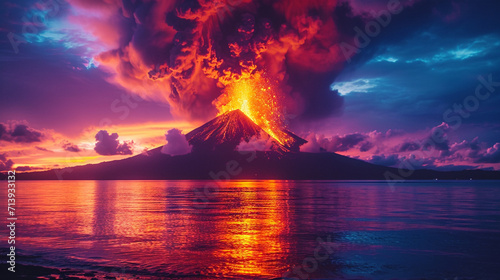 A depiction of a volcano silhouette in the moment of eruption, using only minimal pastel tones,
