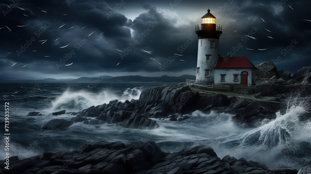 lighthouse at night on a stormy weather, waves crashing created with Generative AI technology
