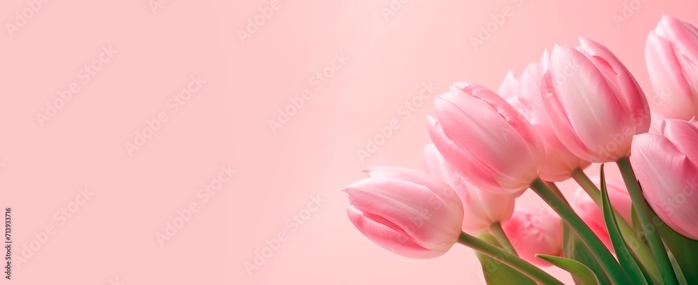 pink tulips with drops of water isolated on pink background, horizontal banner, copy space for text, spring, flowers nature wedding or valentine card pink tulips with drops of water isolated on pink background, horizontal banner, copy space for text, spring, flowers nature wedding or valentine card