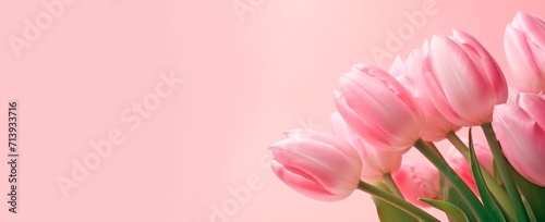  pink tulips with drops of water isolated on pink background, horizontal banner, copy space for text, spring, flowers nature wedding or valentine card
