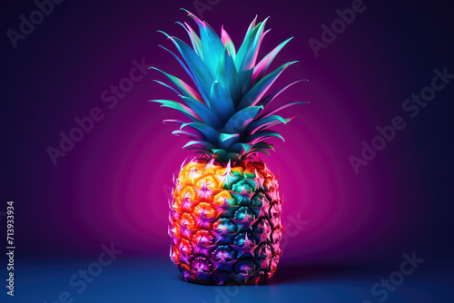 Neon colors pineapple  dark isolated background