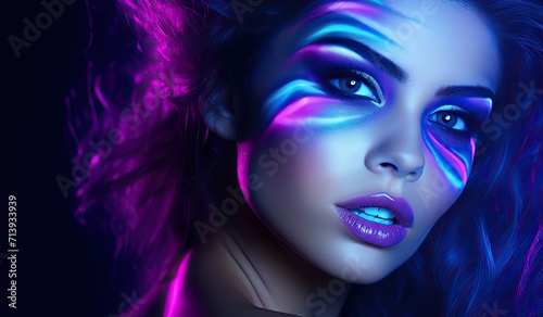 Portrait of a model against a neon pink and blue background  exuding a futuristic and fashionable vibe.