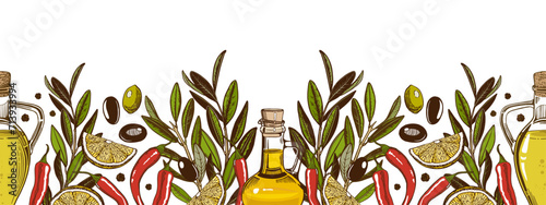 A horizontal border with olive branches, bottles of oil, red hot pepper. Isolated on a white background.