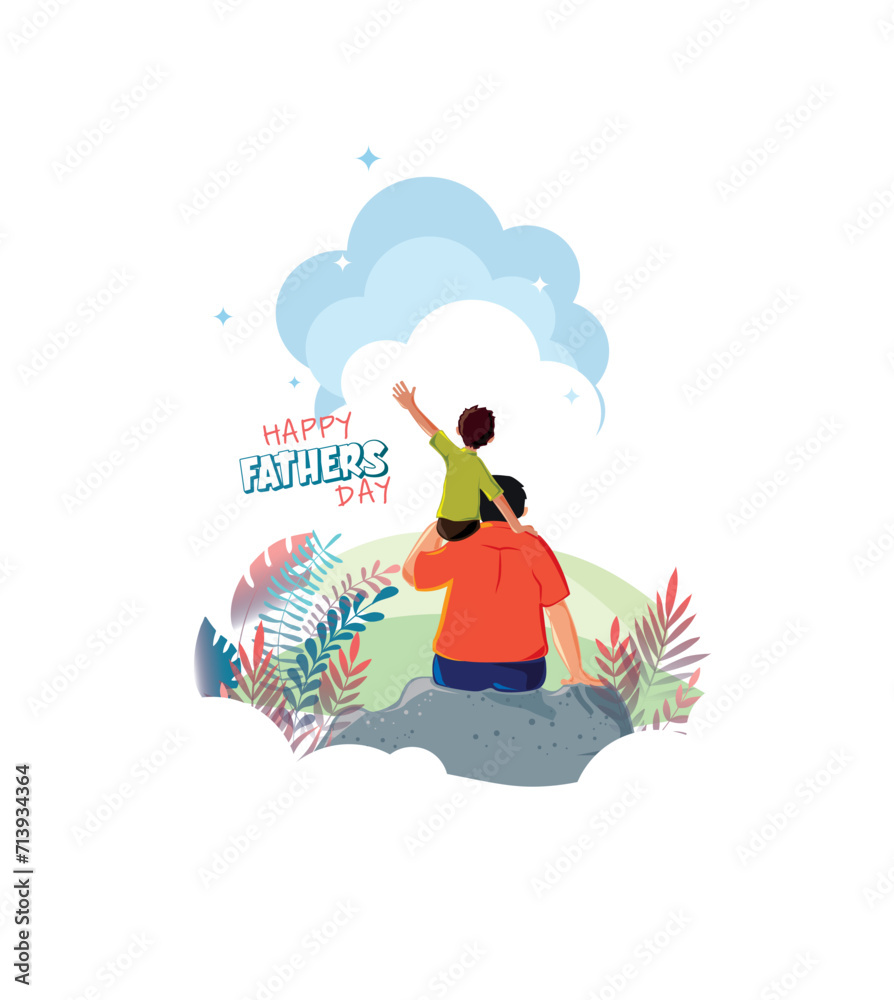 happy fathers day. Son sitting on his father shoulders and looking night sky on Beautiful nature background for Happy Father's Day celebration illustration poster design