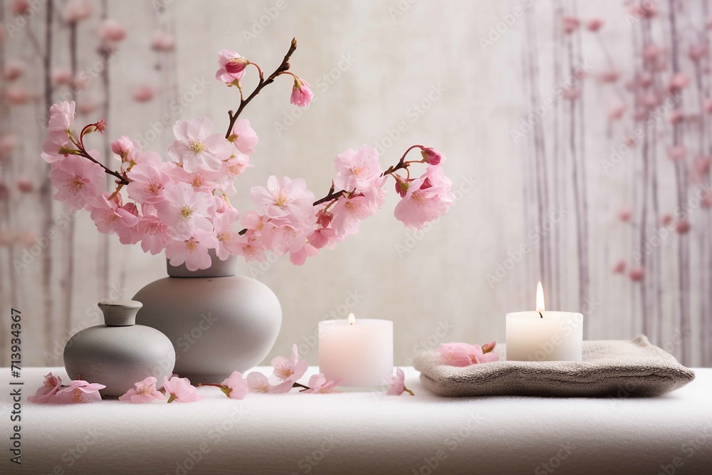 Beauty and massage salon environment, Banner with sakura cherry blossoms, candles and stacked stones, Calm and relaxing environment