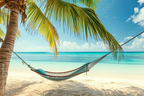 beach setting with a hammock tied between two palm trees © Supardi