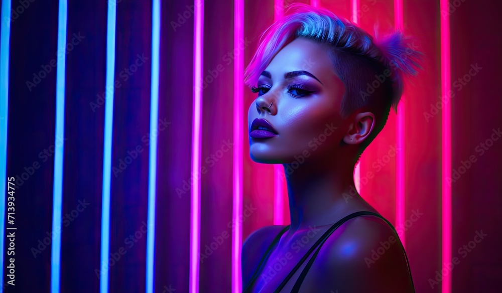 A model's portrait set against a neon pink and blue background, embodying a futuristic fashion aesthetic. A model's portrait set against a neon pink and blue background, embodying a futuristic fashion aesthetic.