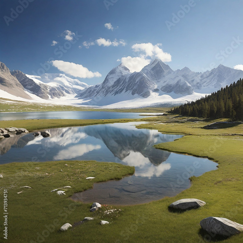 A lake surrounded by mountains  reflecting the peaks in the water ai generated photo