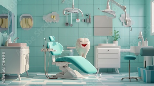 A fun and friendly cartoon scene of a dentist examining a cheerful tooth character in a dental chair, with dental tools displayed in a lighthearted manner.