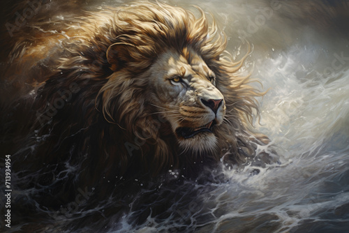 Noble lion in brown color among water