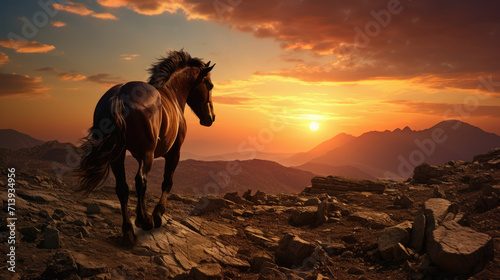 Noble horse walking in sunset scenery © LFK