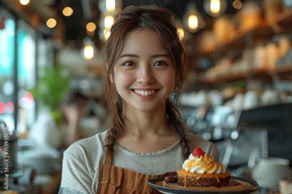 Japanese female cafe worker smiling and carrying coffee