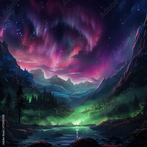 Northern lights night landscape wallpaper background © LFK