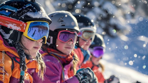 A lively group of bundled up children, equipped with ski goggles and helmets, brave the snowy slopes with determination and excitement in their eyes