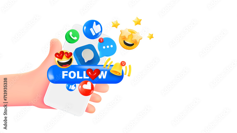Man holding smartphone with emojis. 3d banner with copy space