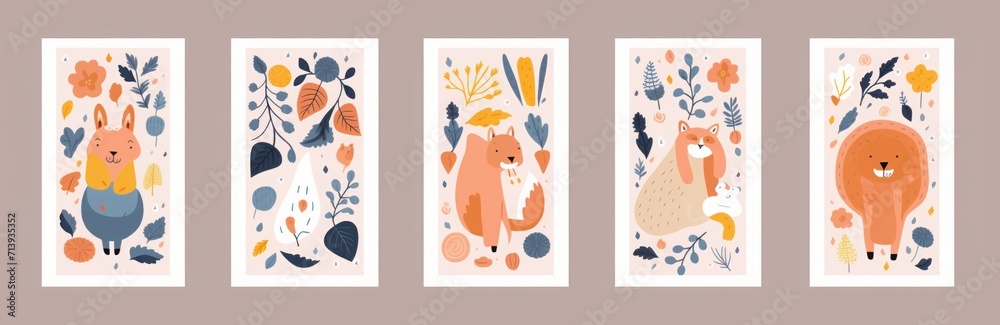 Spring floral posters with abstract shapes, flowers and animals. Baby animals posters. Fabric pattern.  illustration with cute animals. Nursery baby prints, Generative AI 