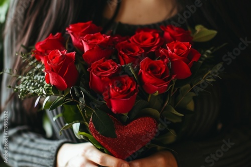 woman holding red roses photo