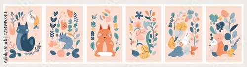 Spring floral posters with abstract shapes, flowers and animals. Baby animals posters. Fabric pattern.  illustration with cute animals. Nursery baby prints, Generative AI 