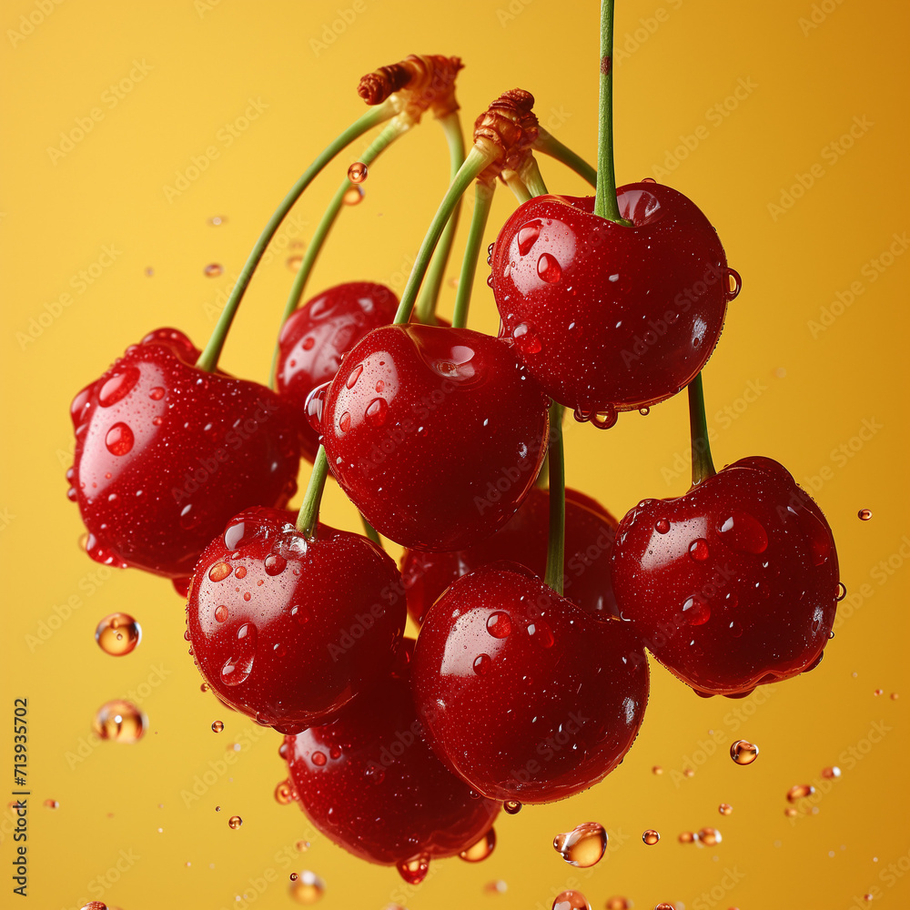 Fresh cherries falling in studio light Fresh cherries falling in studio light