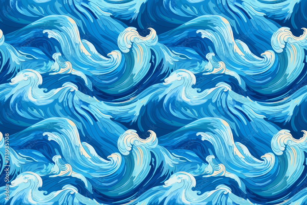 blue oceans, swirling water, swell or wave. colorful turbulence, environmental awareness, freehand painting. sea abstract background, stormy seascapes. sky-blue and navy. seamless pattern.