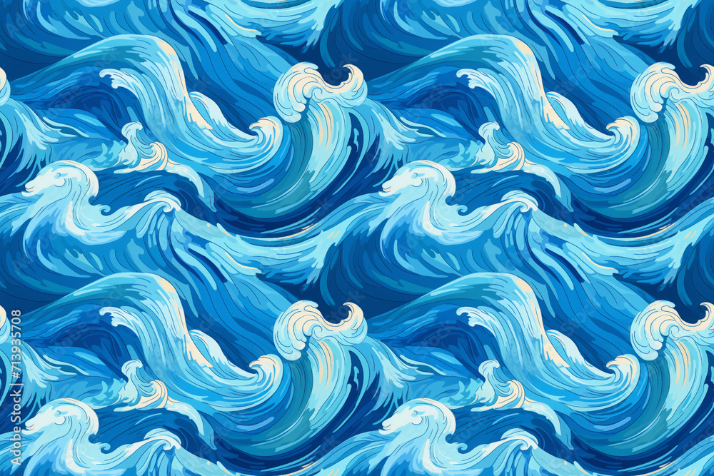 Fototapeta premium blue oceans, swirling water, swell or wave. colorful turbulence, environmental awareness, freehand painting. sea abstract background, stormy seascapes. sky-blue and navy. seamless pattern.