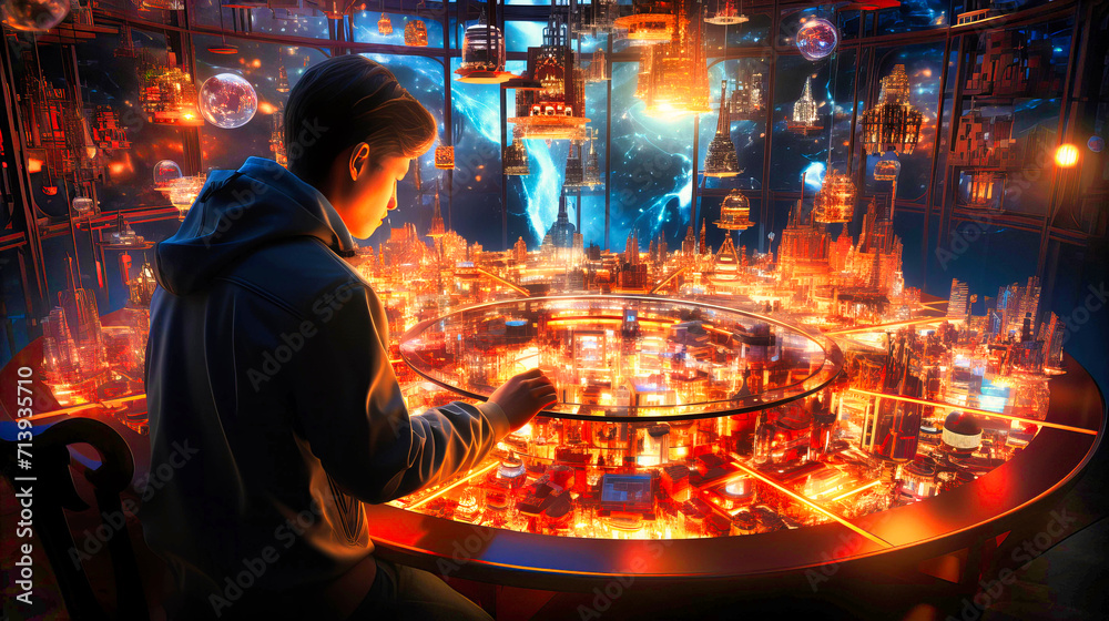 Immerse yourself in the vibrant world of digital entertainment with this futuristic portrait. The neon lights,