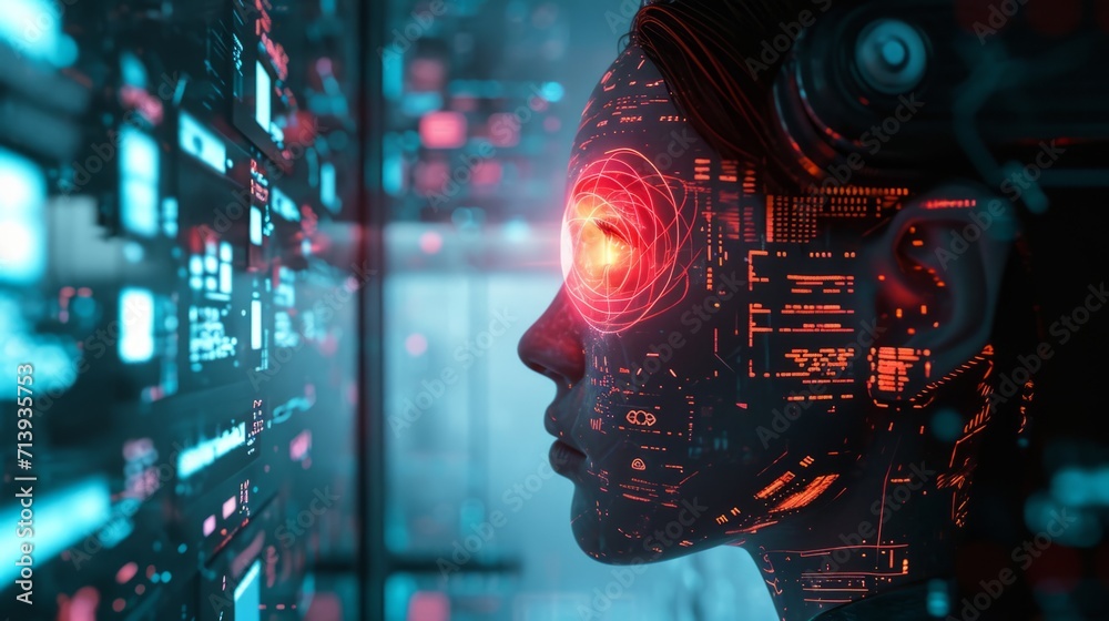 The young woman face with elements of an interactive glowing interface. AI and Human interface with beautiful futuristic bliss The young woman face with elements of an interactive glowing interface. AI and Human interface with beautiful futuristic bliss