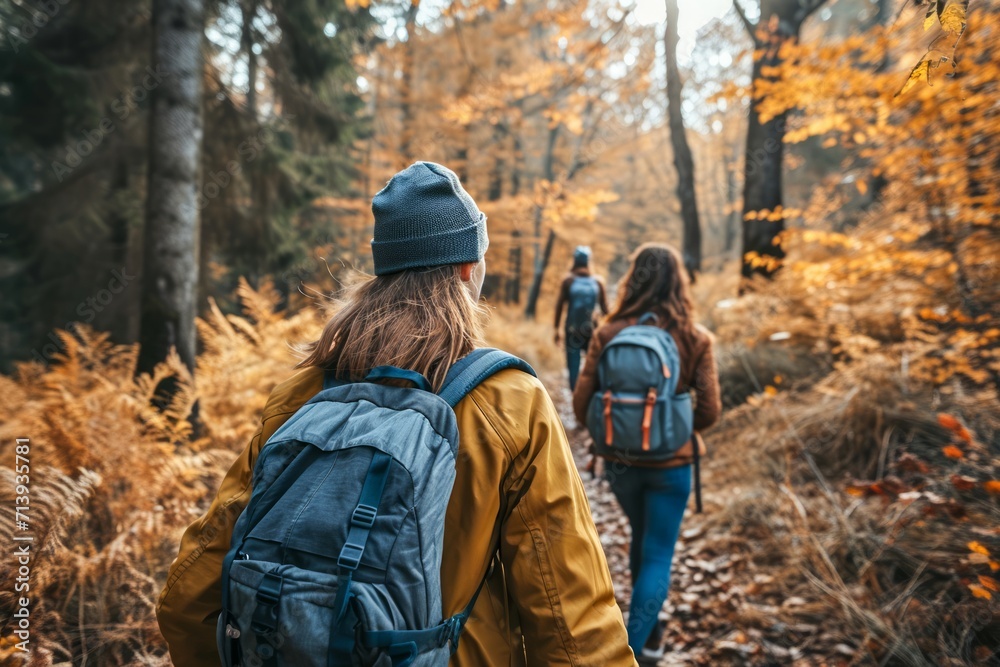 A diverse group of hikers, bundled up in warm jackets and carrying backpacks filled with essential gear, trek through the vibrant autumn forest, admiring the towering trees and lush plant life along A diverse group of hikers, bundled up in warm jackets and carrying backpacks filled with essential gear, trek through the vibrant autumn forest, admiring the towering trees and lush plant life along