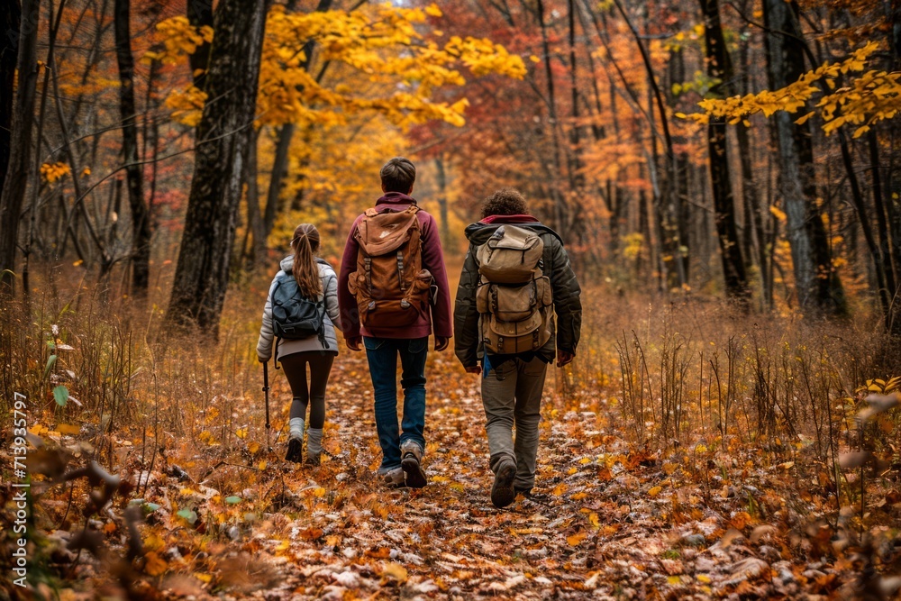 A diverse group of hikers clad in warm fall clothing stands among the towering deciduous trees of the woodland, surrounded by vibrant autumn leaves and lush green grass, immersed in the beauty of nat