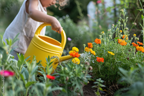A child uses a yellow watering can to water flowers in the garden
