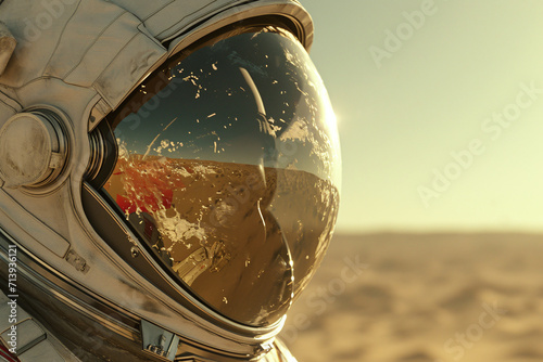 Close-up of an astronaut's helmet in a spacesuit on the moon photo