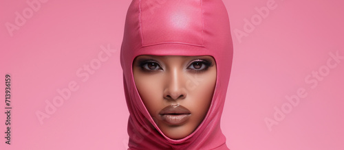 A female model in a pink balaclava hiding her face. headdress, hat. a close look. portrait of a girl in a ski mask. fashion.