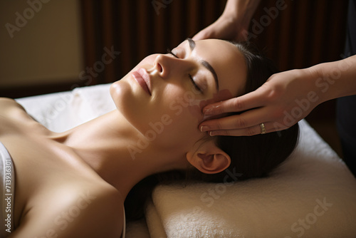 beautiful woman getting a facial massage, in the style of shaped canvas, soft, spa, wellness, skincare, photo