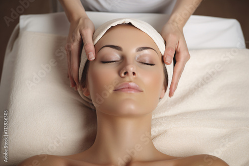beautiful woman getting a facial massage, in the style of shaped canvas, soft, spa, wellness, skincare,
