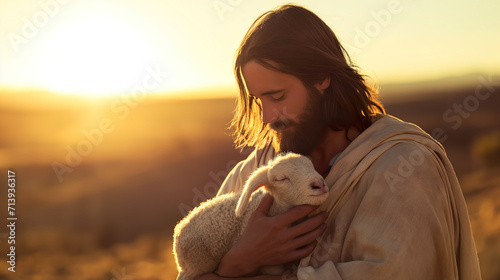 Jesus Christ holds a little lamb in his hands. A caring shepherd saves one lamb.