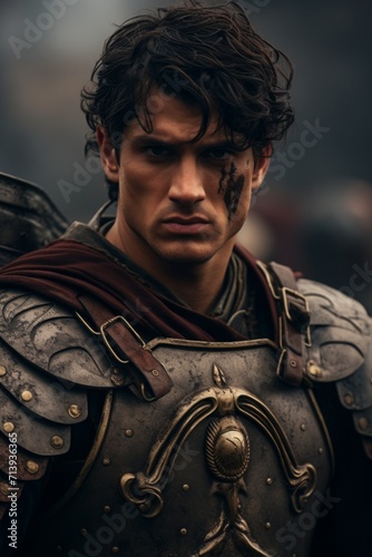 armed Roman legionaries. group of knights, with armor on, are standing together, in the style of intense close-ups, dark gold and brown, cinematic stills, selective focus.