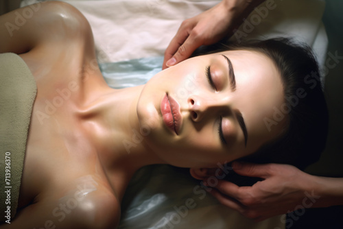 beautiful woman getting a facial massage, in the style of shaped canvas, soft, spa, wellness, skincare,