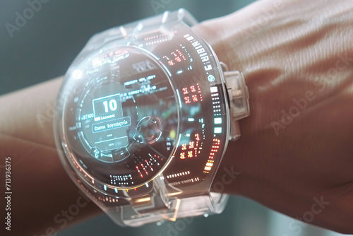 Touch, digital watches on a man’s hand, new products of the future