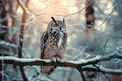 Eagle owl sits on a tree branch in the forest in winter