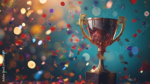 A gleaming gold winners trophy cup takes center stage, surrounded by a festive explosion of colorful celebration confetti and sparkling glitter, symbolizing victory and success in a competition.