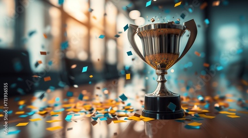 A gleaming gold winners trophy cup takes center stage amidst a shower of vibrant celebration confetti and sparkling glitter, symbolizing success and achievement in a professional office setting. photo